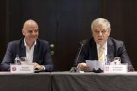 UEFA General Secretary and FIFA presidential candidate Gianni Infantino (L) and the President of Serbian FA (FSS) Tomislav Karadzic (R) attend the regional meeting of National Football Associations in Belgrade, Serbia February 13, 2016. REUTERS/Marko Djurica