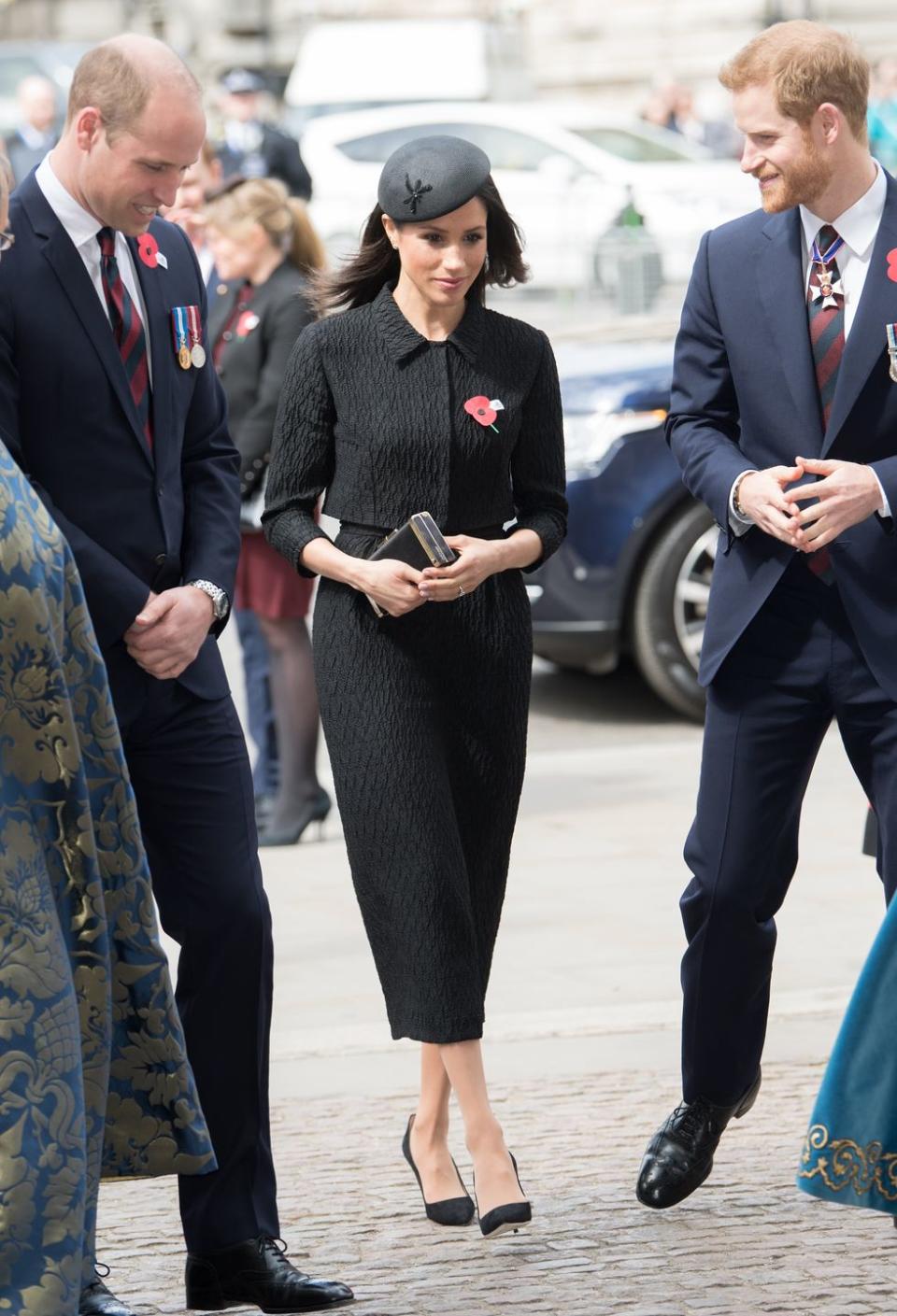 <p>Markle wore another somber ensemble <a href="https://www.townandcountrymag.com/society/tradition/a20060050/prince-william-anzac-day-royal-baby-3-comments/" rel="nofollow noopener" target="_blank" data-ylk="slk:for the Anzac Day service;elm:context_link;itc:0;sec:content-canvas" class="link ">for the Anzac Day service</a> at Westminster Abbey. For this occasion, she wore custom Emilia Wickstead blazer and dress with a Philip Treacy beret, Manolo Blahnik shoes, and a Jimmy Choo clutch. She also wore a poppy pin, which is worn in remembrance of those who died in war. </p>