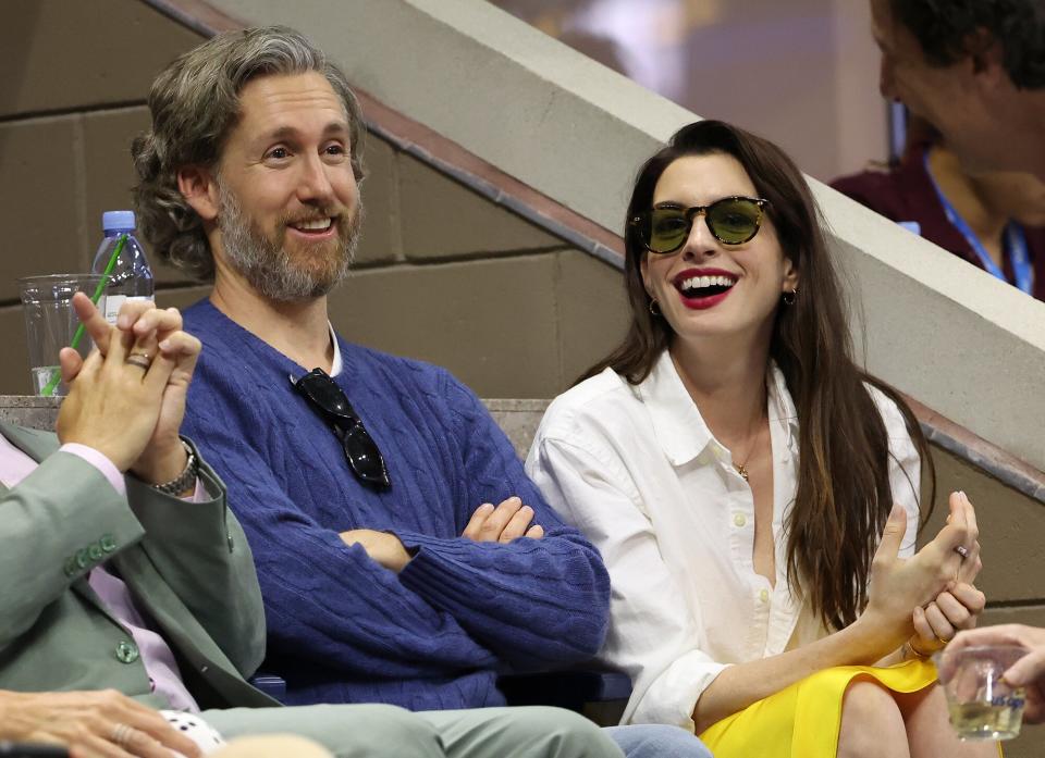 Anne Hathaway and Adam Shulman attend the men's final on day 14 of the US Open 2022, 4th Grand Slam of the season, at the USTA Billie Jean King National Tennis Center on September 11, 2022 in Queens, New York City