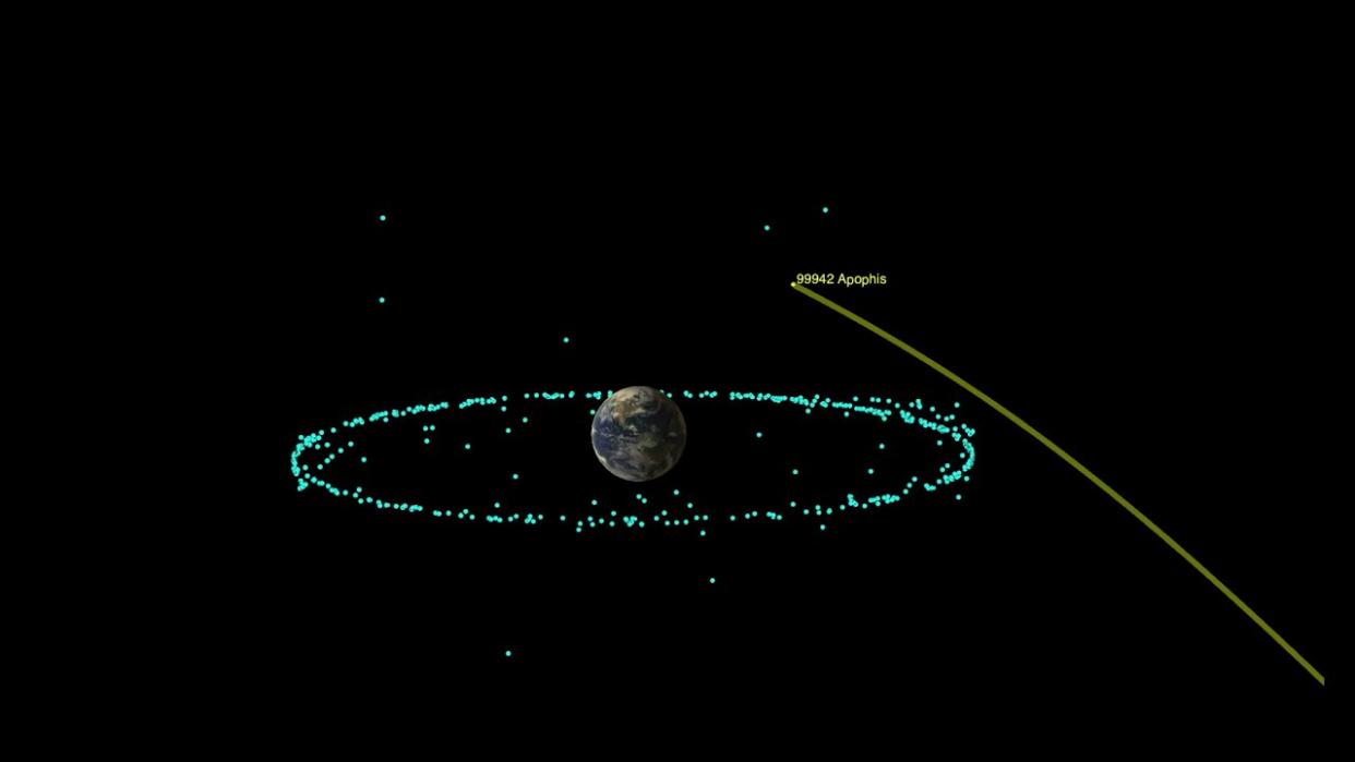  an animation of an asteroid passing close by Earth  
