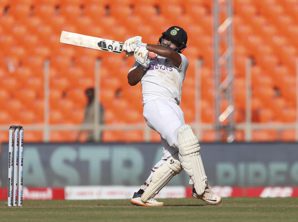 India's Rishabh Pant bats during the second day of fourth cricket test match between India and England at Narendra Modi Stadium in Ahmedabad, India, Friday, March 5, 2021. (AP Photo/Aijaz Rahi)