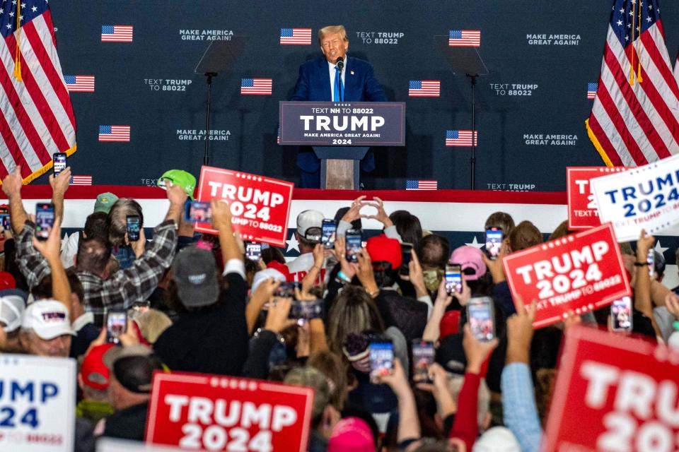 Former President and 2024 Republican presidential hopeful Donald Trump speaks during a campaign rally at the New England Sports Center in Derry, N.H., on Oct. 23. Trump filed paperwork to take part in The New Hampshire primary earlier in the day.