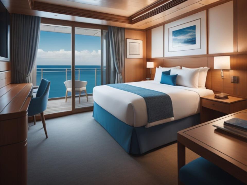 A balcony cabin rendering on a cruise ship.