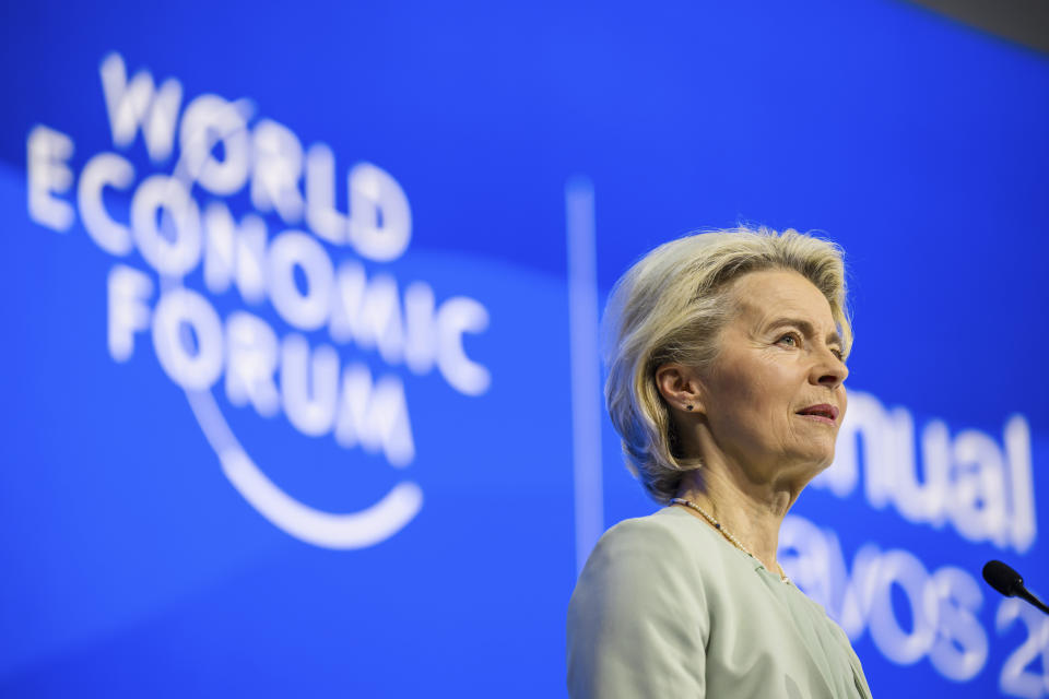 President of the European Commission Ursula von der Leyen, speaks at a plenary session in the Congress Hall at the 54th annual meeting of the World Economic Forum, WEF, in Davos, Switzerland, Tuesday, Jan. 16, 2024. (Gian Ehrenzeller/Keystone via AP)