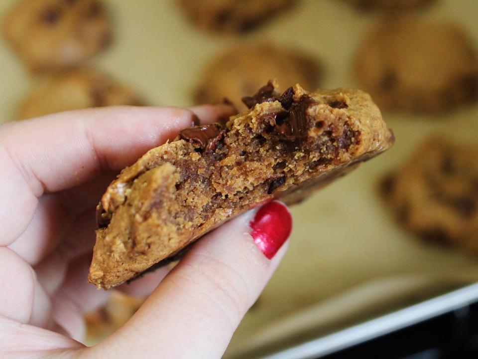 a close up of a chocolate chip cookie