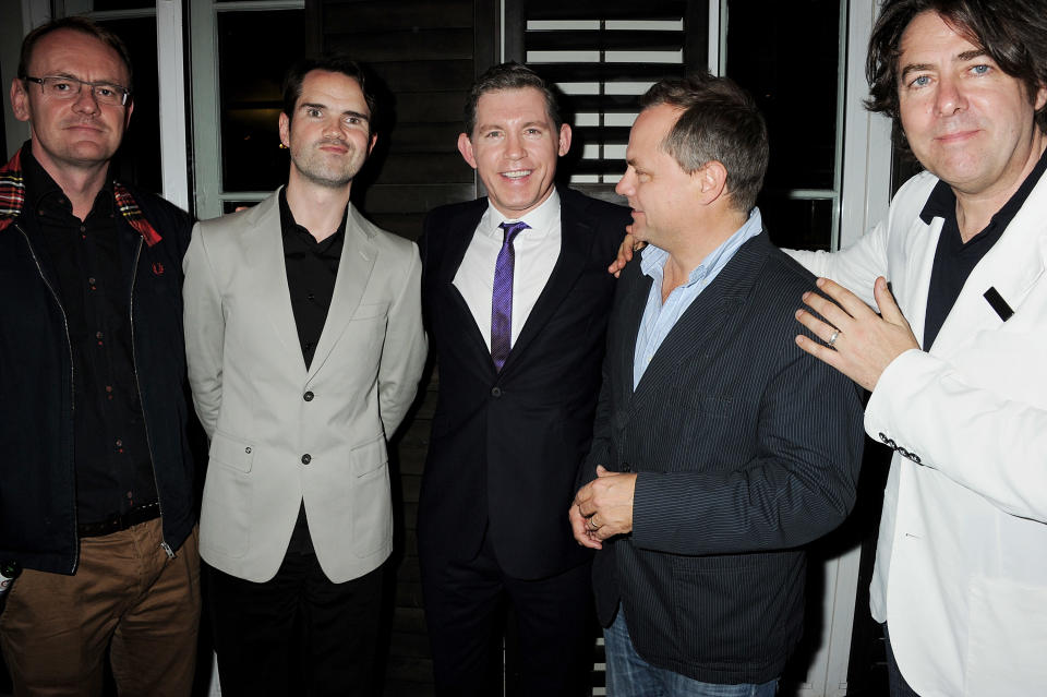LONDON, ENGLAND - SEPTEMBER 27:  (EMBARGOED FOR PUBLICATION IN UK TABLOID NEWSPAPERS UNTIL 48 HOURS AFTER CREATE DATE AND TIME. MANDATORY CREDIT PHOTO BY DAVE M. BENETT/GETTY IMAGES REQUIRED)  (L to R) Sean Lock, Jimmy Carr, Lee Evans, Jack Dee and Jonathan Ross attend the book launch of 