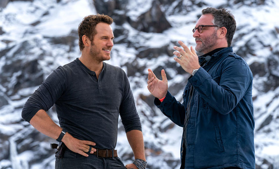 Chris Pratt and director Colin Trevorrow on the set of Jurassic World Dominion. - Credit: Courtesy of Universal Pictures and Amblin Entertainment