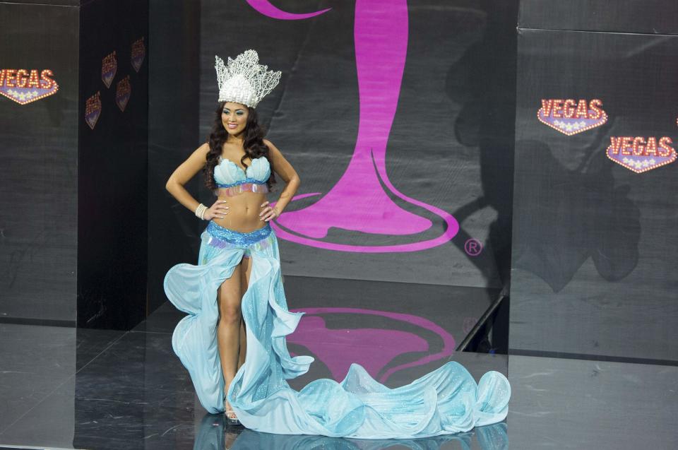 Alixes Scott, Miss Guam 2013, models in the national costume contest during the Miss Universe 2013 pageant at Vegas Mall in Moscow