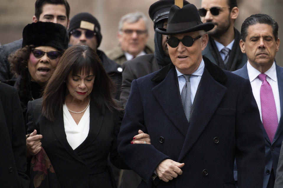 Roger Stone accompanied by his wife Nydia Stone, left, arrives for his sentencing at federal court in Washington, Thursday, Feb. 20, 2020. (Manuel Balce Ceneta/AP)