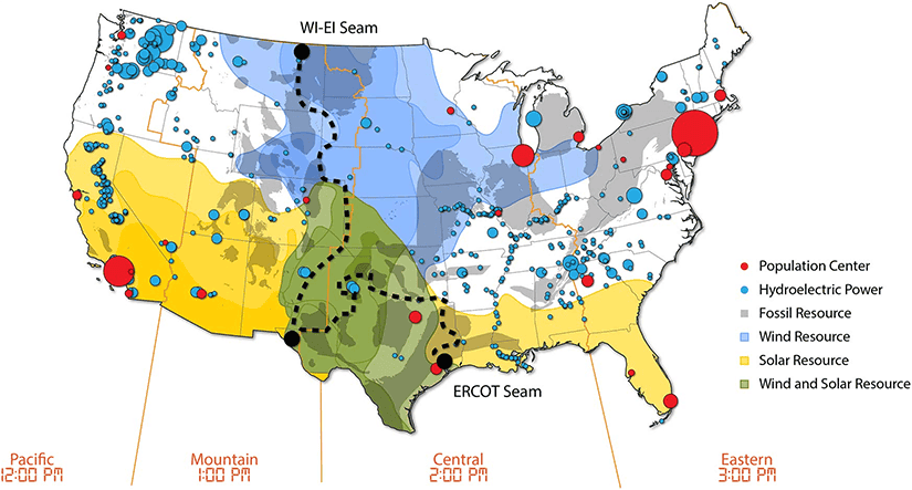 Renewable resource distribution and abundance vary across the U.S. Connecting different regions could allow excess resources to be shared across the country, experts said. Map is from the 2021 National Renewable Energy Laboratory led SEAM Study which analyzed the impacts of connecting two major parts of the U.S. electric grid. 
Red dots = Top 25 population centers, Blue dots = hydroelectric facilities, Blue shading = areas with greatest wind resource, Yellow shading = areas with greatest solar resource, Green shading = areas with wind and solar resources WI = Western Interconnection, EI = Eastern Interconnection, ERCOT = Electric Reliability Council of Texas