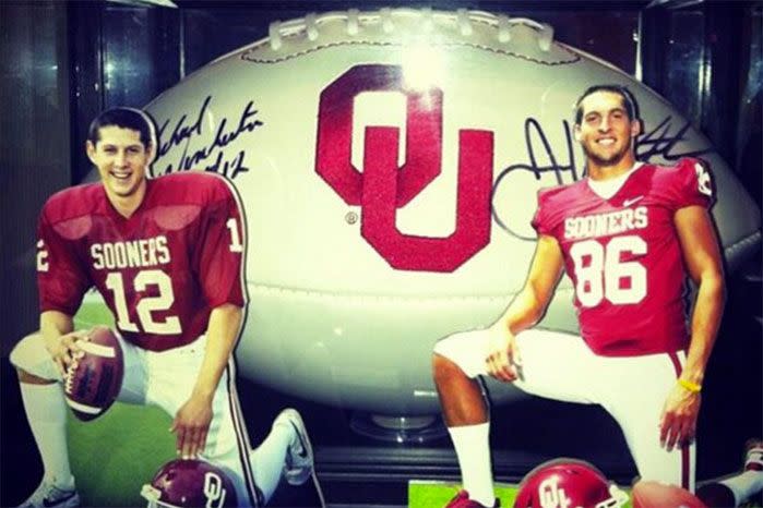 James Winchester previously tweeted a photo of himself side-by-side with an old photo of his dad as a young man in his Sooners football uniform. Image: Twitter