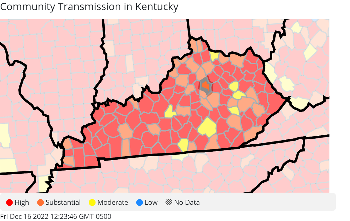 Community transmission of COVID-19 by Kentucky county, per the CDC, as of Dec. 16, 2022.
