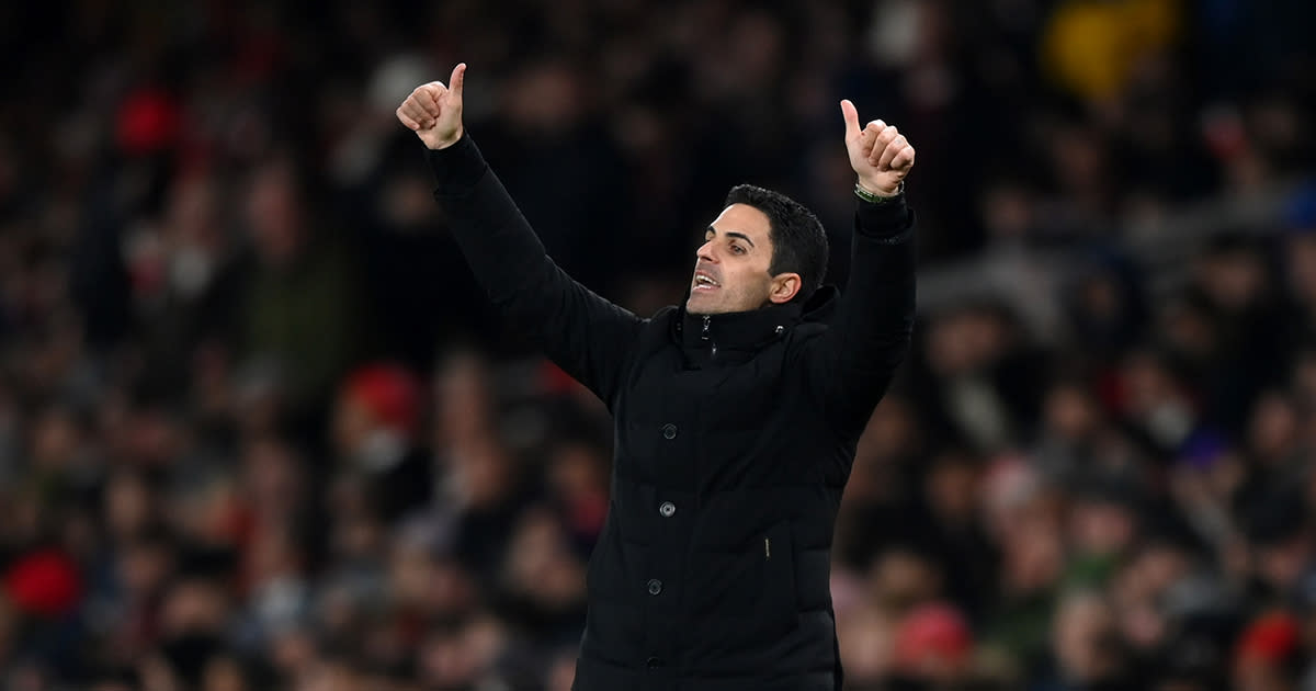  Arsenal manager Mikel Arteta gestures during the Premier League match between Arsenal FC and Manchester United at Emirates Stadium on January 22, 2023 in London, England. 