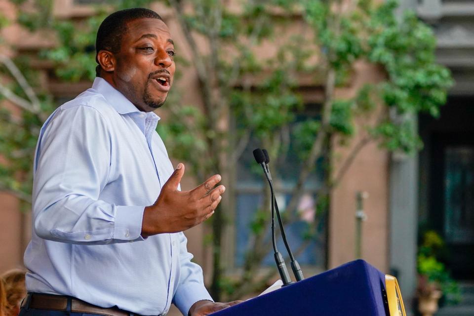 State Sen. Brian Benjamin speaks during an event in the Harlem neighborhood of New York, Thursday, Aug. 26, 2021. New York Gov. Kathy Hochul has selected Benjamin, a state senator from New York City, as her choice for lieutenant governor. (AP Photo/Mary Altaffer)