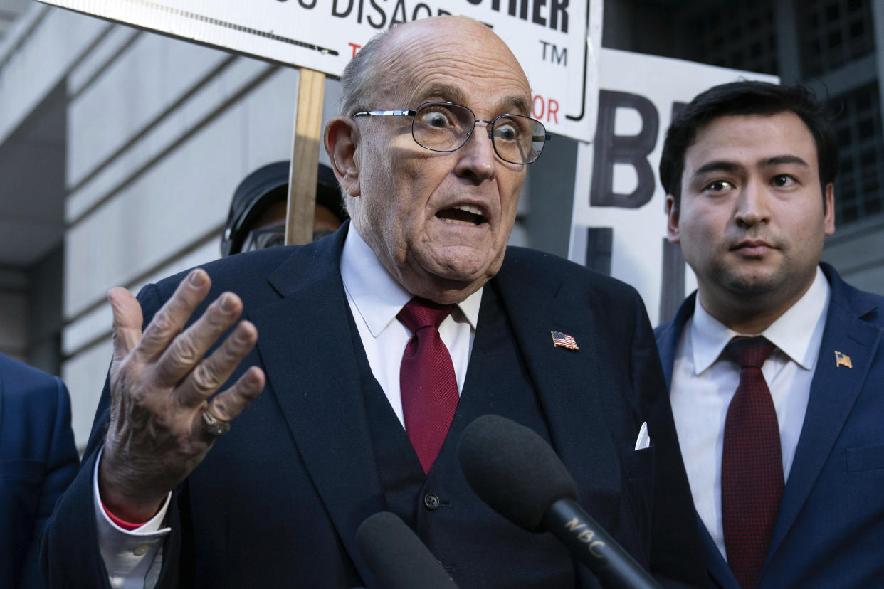 Former New York Mayor Rudy Giuliani speaks during a news conference.