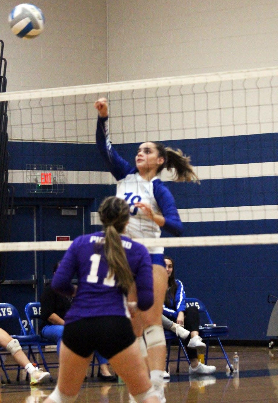 Brimley senior Lindsey Hill slams one home during the 2022 volleyball season.