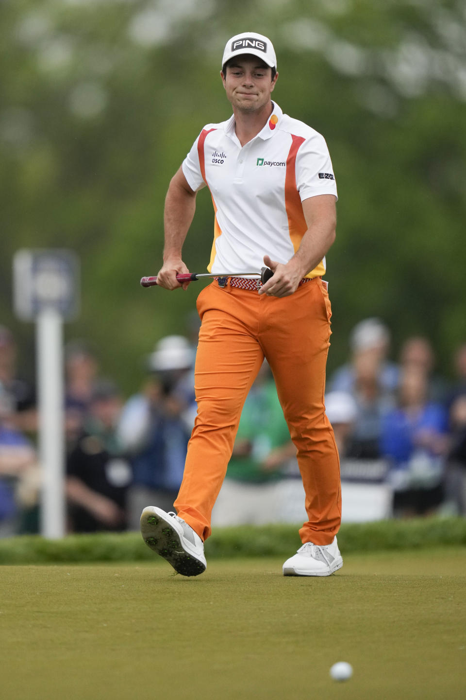 Viktor Hovland, of Norway, reacts after missing a putt on the 15th hole during the second round of the PGA Championship golf tournament at Oak Hill Country Club on Friday, May 19, 2023, in Pittsford, N.Y. (AP Photo/Seth Wenig)