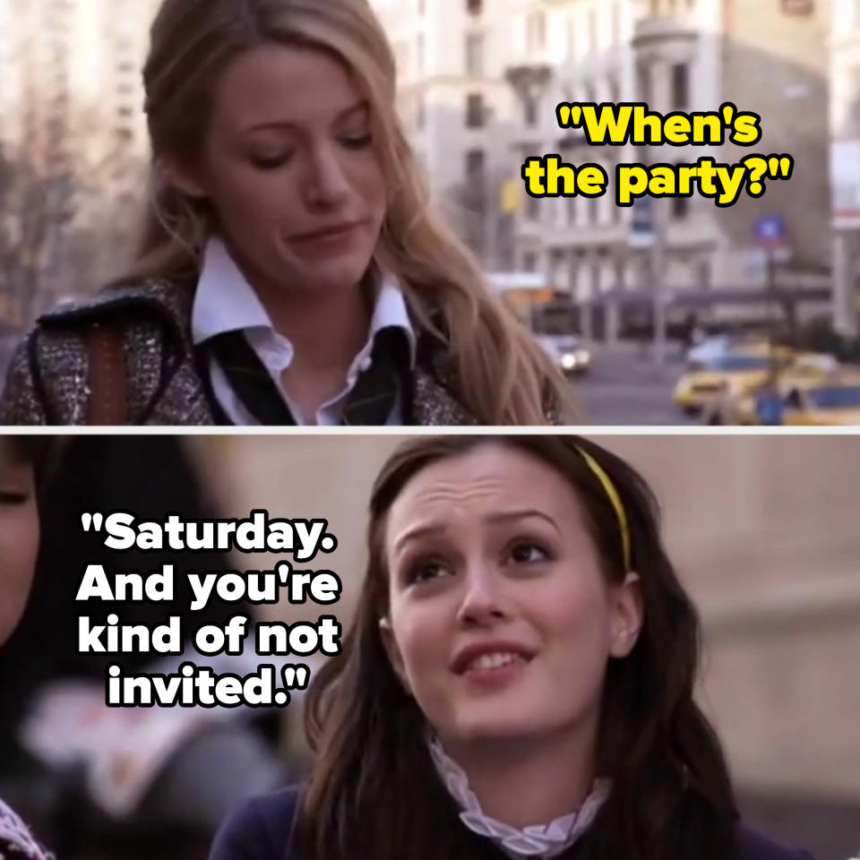 Blake Lively and Leighton Meester in a scene from "Gossip Girl." Lively is looking down, and Meester is talking, with city buildings in the background