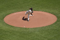 San Francisco Giants starting pitcher Johnny Cueto works in the first inning of a baseball game against the Colorado Rockies, Friday, April 9, 2021, in San Francisco. (AP Photo/Eric Risberg)