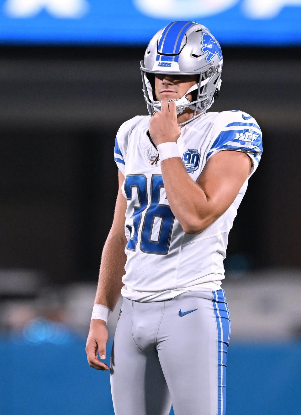 Detroit Lions kicker Riley Patterson reacts after a missed field goal against the Carolina Panthers during the first quarter of a preseason game at Bank of America Stadium on August 25, 2023 in Charlotte, North Carolina.