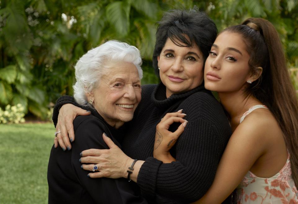 Three of Hearts
“She has a way of taking on everyone’s pain,” says Grande’s mother, Joan, center. Grandmother Marjorie is at near right.
On Ariana: Chloé dress.