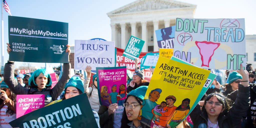 pro choice activists supporting legal access to abortion protest during a demonstration outside the us supreme court in washington, dc, march 4, 2020, as the court hears oral arguments regarding a louisiana law about abortion access in the first major abortion case in years   the united states supreme court on wednesday will hear what may be its most significant case in decades on the controversial subject of abortion at issue is a state law in louisiana which requires doctors who perform abortions to have admitting privileges at a nearby hospital photo by saul loeb  afp photo by saul loebafp via getty images