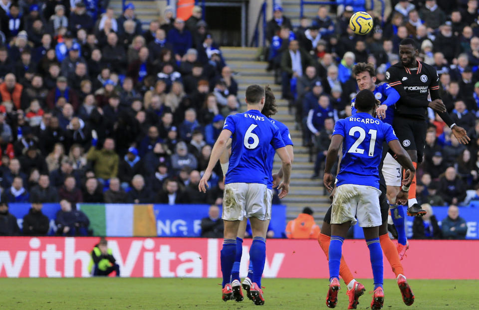 Chelsea's Antonio Rudiger, right, scores his side's second goal during the English Premier League soccer match between Leicester City and Chelsea at the King Power Stadium, in Leicester, England, Saturday, Feb. 1, 2020. (AP Photo/Leila Coker)