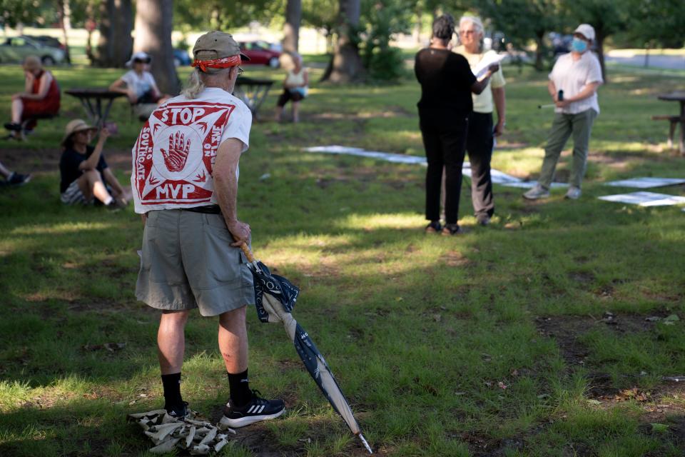 A rally calling for new legislation regulating trains carrying oil and other hazardous materials at Bookstaver Park in Teaneck on Thursday, July 6, 2023. 