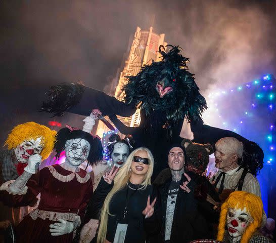 <p>Josh Ortiz/Universal Studios Hollywood</p> Travis Barker and daughter Alabama at Halloween Horror Nights