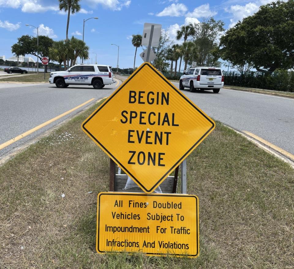 Special event signs like this one on the west side of the Main Street Bridge will be placed on the beachside of Daytona to warn truck fans expected this weekend. Lawbreakers in the zones face double fines and could have their trucks towed.