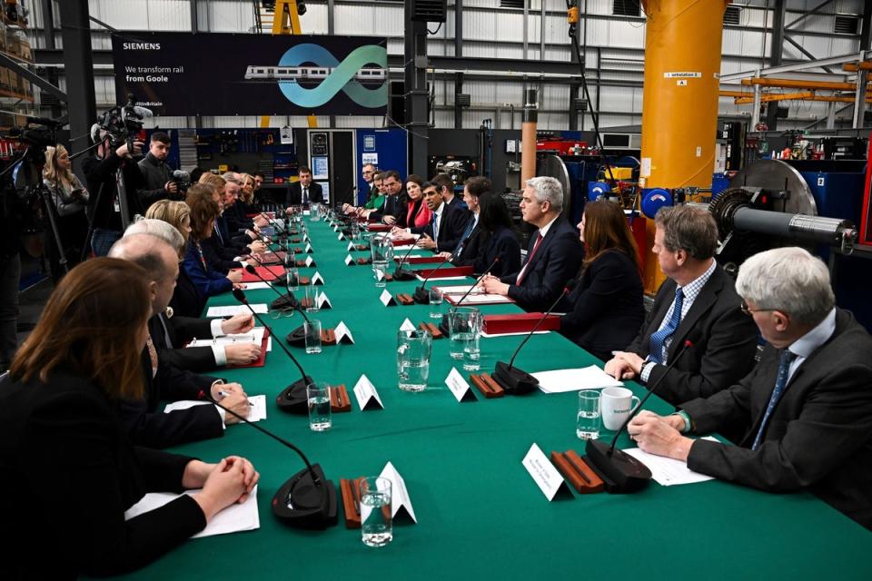 Rishi Sunak leads a Cabinet meeting held at the Siemens Mobility factory in Goole, East Yorkshire on Monday February 26, 2024 (Paul Ellis/Pool Photo via AP)