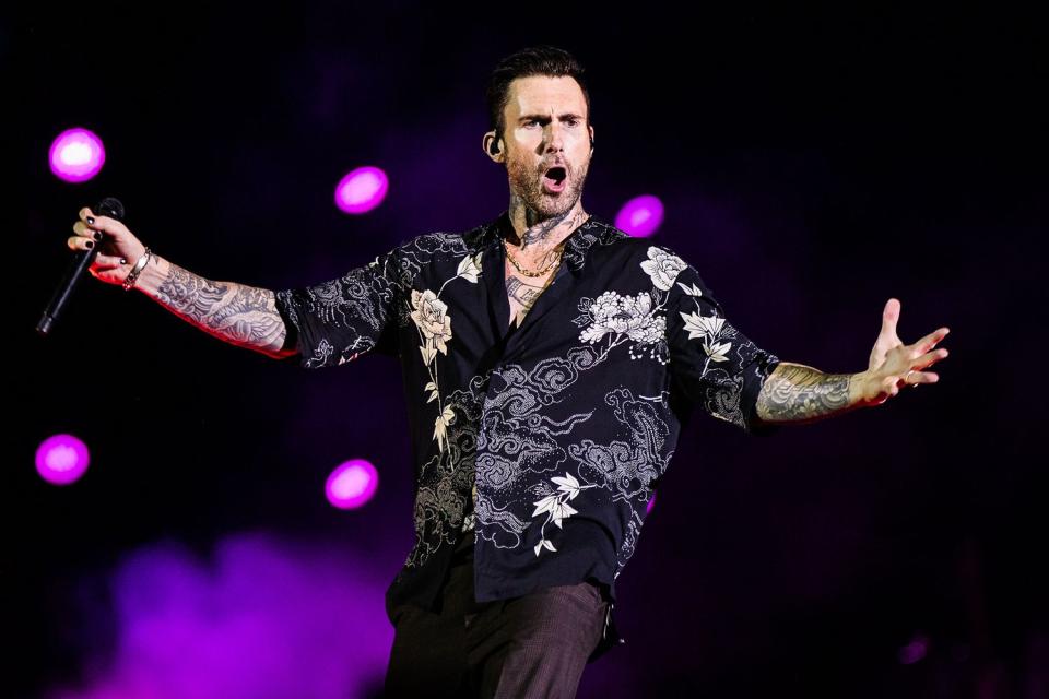 Singer Adam Levine of Maroon 5 performs live on stage at Allianz Parque on April 5, 2022 in Sao Paulo, Brazil.