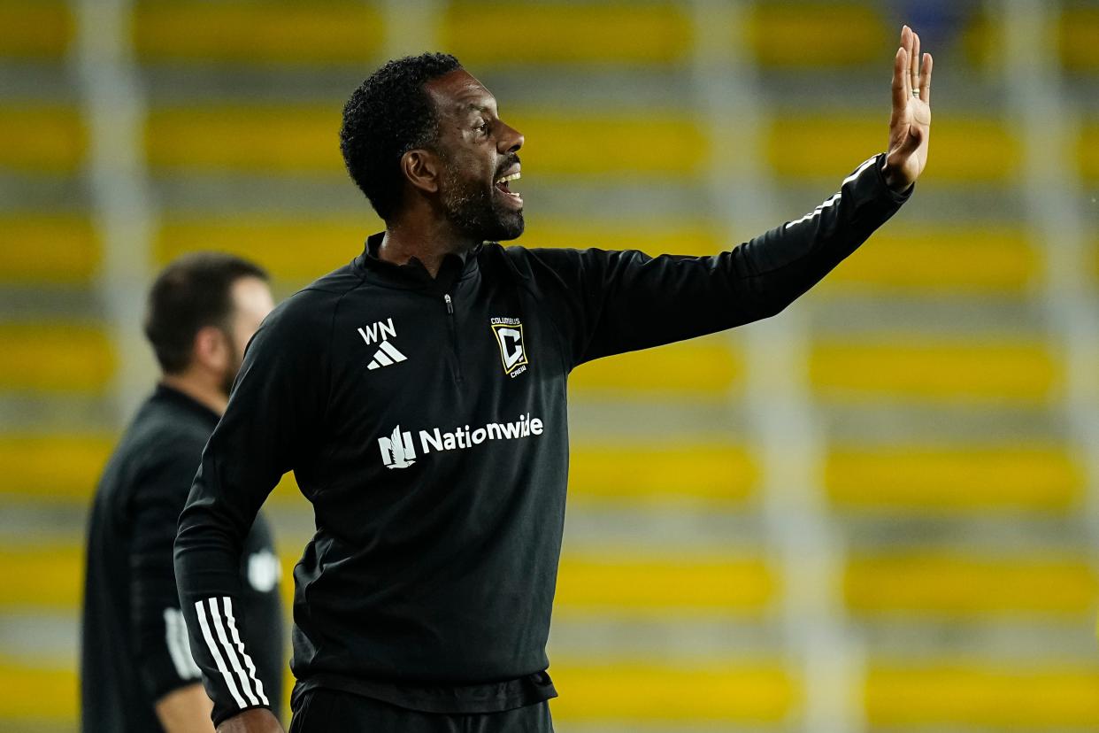 Jul 23, 2023; Columbus, Ohio, USA;  Columbus Crew head coach Wilfried Nancy motions to his team during the second half of the Leagues Cup match against the St. Louis City at Lower.com Field. The Crew won 2-1.