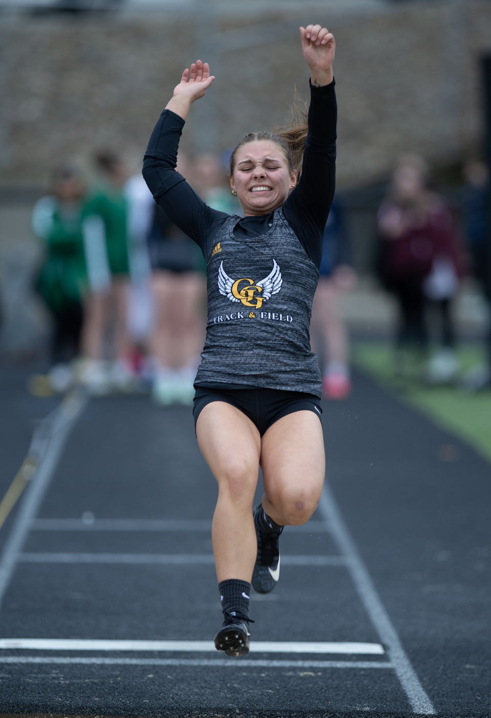 Garfield senior Kyndall Hahn competes in the girls long jump April 28 at the Mogadore Wildcat Invitational.