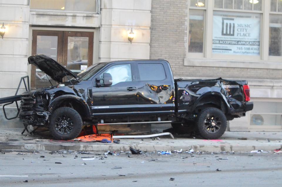 One of the trucks involved in a two-vehicle crash at the intersection of North Eighth and North A streets in Richmond, Saturday, April 6, 2024. A woman who was struck outside Music City Place died from her injuries Monday.