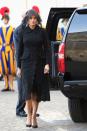 <p>FLOTUS wore a <a href="https://www.townandcountrymag.com/style/fashion-trends/g9923727/pope-dress-code-presidents-royals/" rel="nofollow noopener" target="_blank" data-ylk="slk:very traditional Vatican ensemble;elm:context_link;itc:0;sec:content-canvas" class="link ">very traditional Vatican ensemble</a> to meet with the Pope: a modest black dress and a black lace veil by Italian designer Dolce & Gabbana. </p>