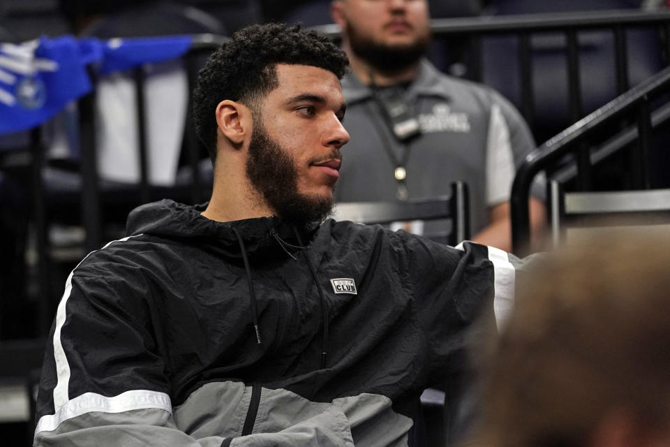 Apr 10, 2022; Minneapolis, Minnesota, USA;  Chicago Bulls guard Lonzo Ball (2) looks on against the Minnesota Timberwolves during the fourth quarter at Target Center. Mandatory Credit: Nick Wosika-USA TODAY Sports