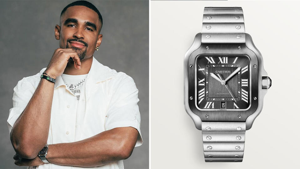 NFL player Jalen Hurts; Santos de Cartier watch