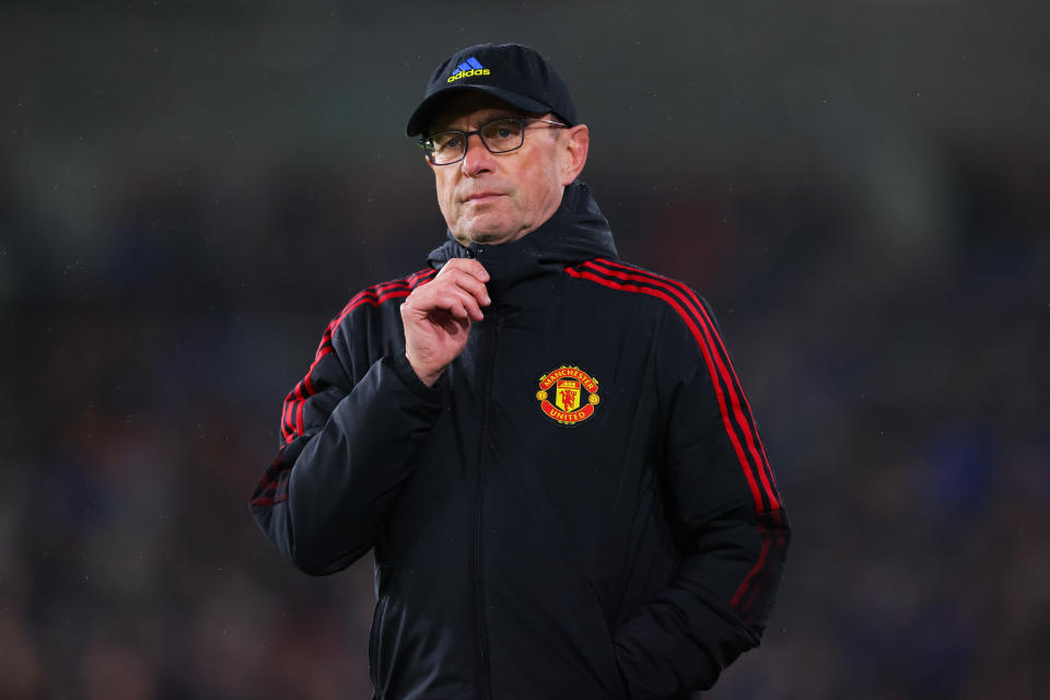 BURNLEY, ENGLAND - FEBRUARY 08: Ralf Rangnick, manager of Manchester United,  looks on during the Premier League match between Burnley and Manchester United at Turf Moor on February 08, 2022 in Burnley, England. (Photo by James Gill - Danehouse/Getty Images)