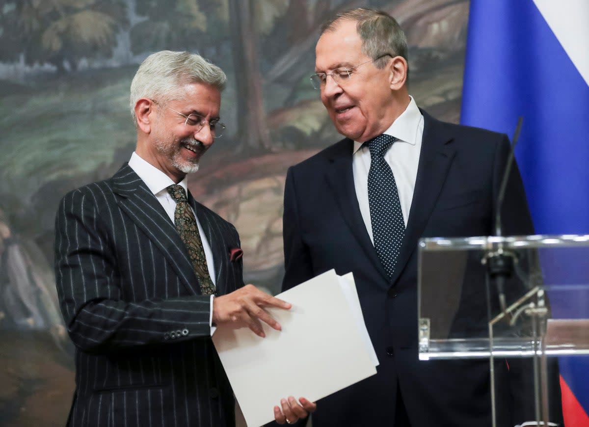 Indian foreign minister Subrahmanyam Jaishankar, left, and Russian Foreign Minister Sergey Lavrov talk to each other after a joint news conference following their talks in Moscow, Russia (AP)