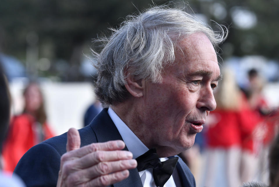 Sen. Ed Markey, D-Mass., speaks to reporters before a ceremony where, arrives for a ceremony where, Speaker of the House Nancy Pelosi, D-Calif., receives the 2019 John F. Kennedy Profile in Courage Award during ceremonies at the John F. Kennedy Presidential Library and Museum, Sunday, May 19, 2019, in Boston. (AP Photo/Josh Reynolds)