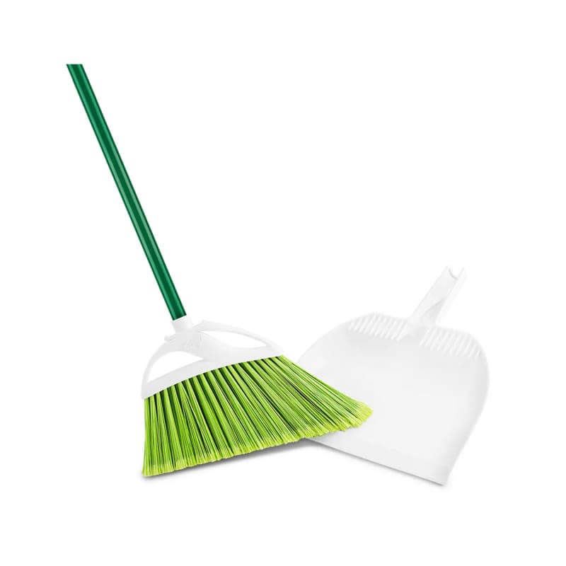 Green bristle broon with dark green handle and white dust pan