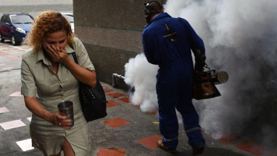 Trabajador fumigando.