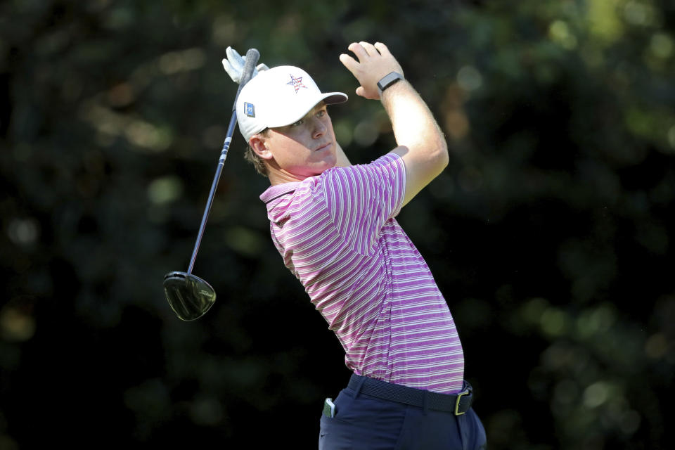 John Augenstein tees off on the 7th hole during the second round of the Masters Friday, Nov. 13, 2020, in Augusta, Ga. (Curtis Compton/Atlanta Journal-Constitution via AP)