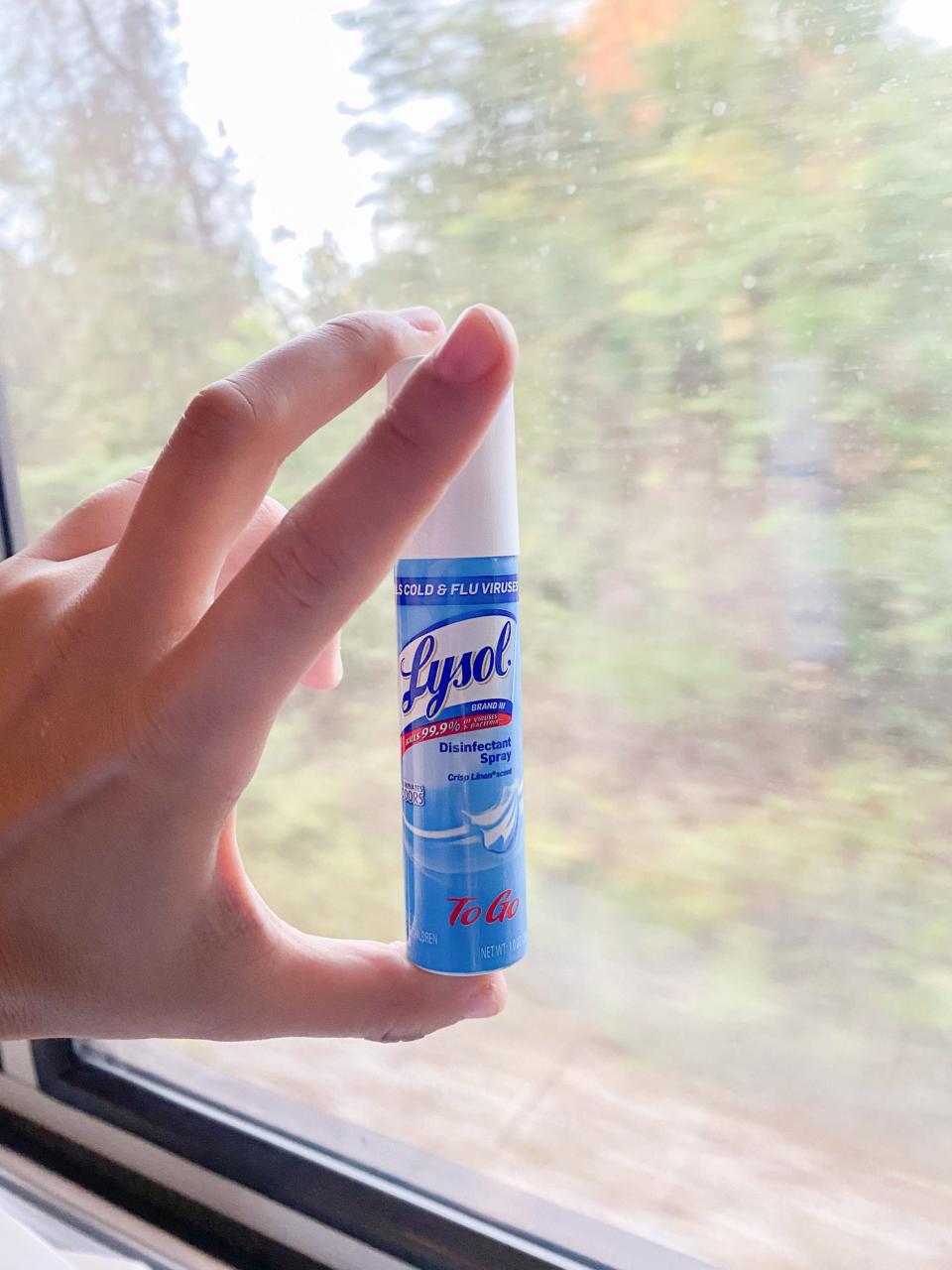 The author holds up lysol disinfectant in front of the train window