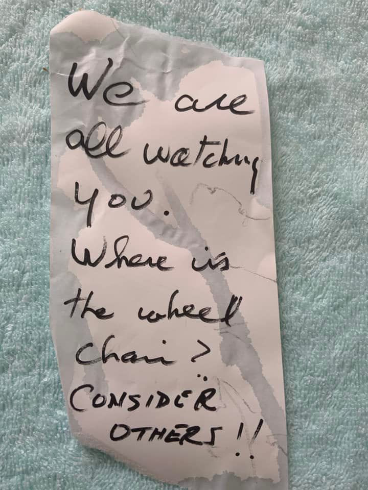 The note, written on receipt paper, which was left on the man's car.