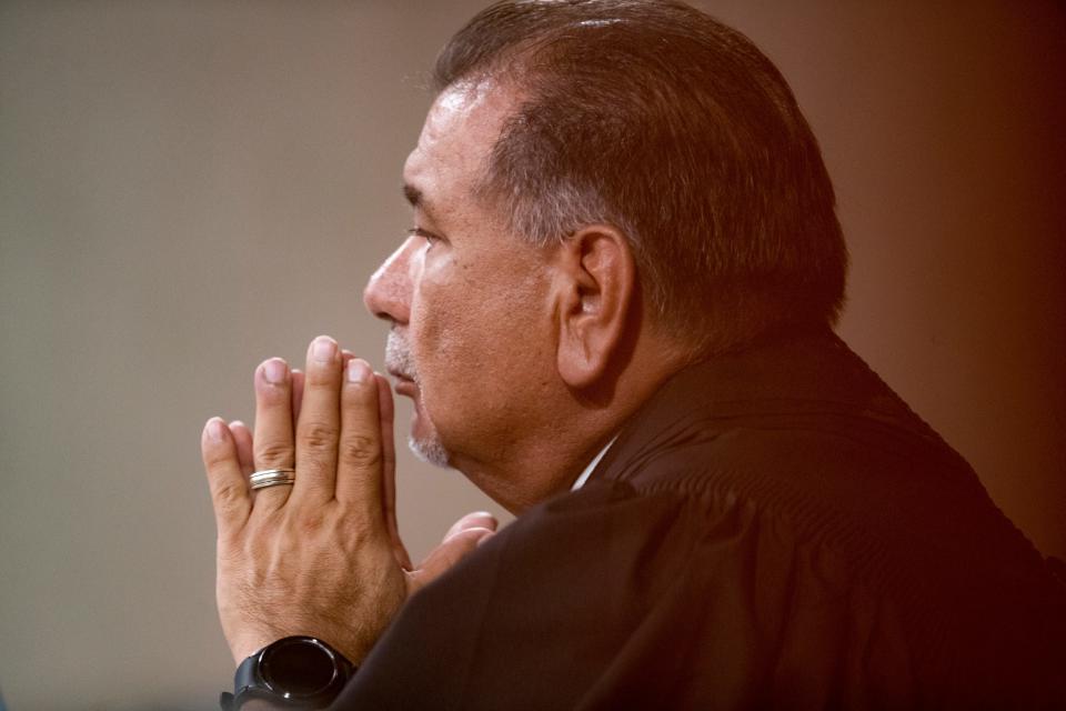 District Judge Sam Medrano presides a court hearing for the Walmart shooter at the Enrique Moreno County Courthouse on Sept. 25, 2023.