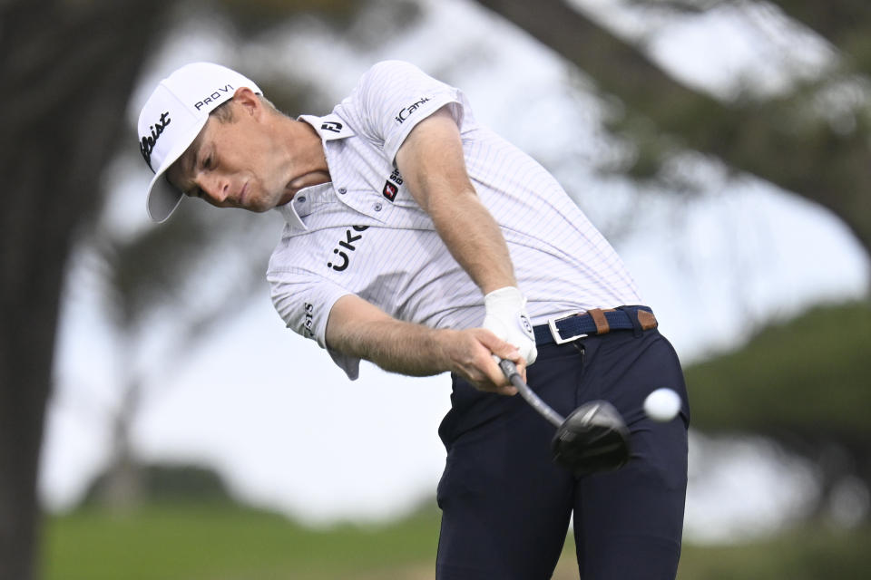 Will Zalatoris hits his tee shot on the fifth hole of the South Course during the final round of the Farmers Insurance Open golf tournament, Saturday, Jan. 29, 2022, in San Diego. (AP Photo/Denis Poroy)