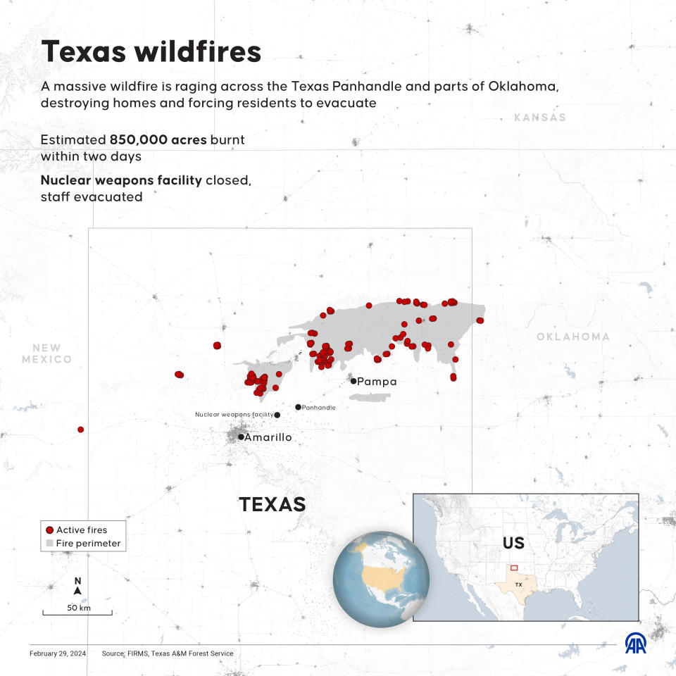 A map created on Feb. 29, 2024, shows where wildfires are raging across the Texas Panhandle and parts of Oklahoma. / Credit: Yasin Demirci/Anadolu via Getty Images