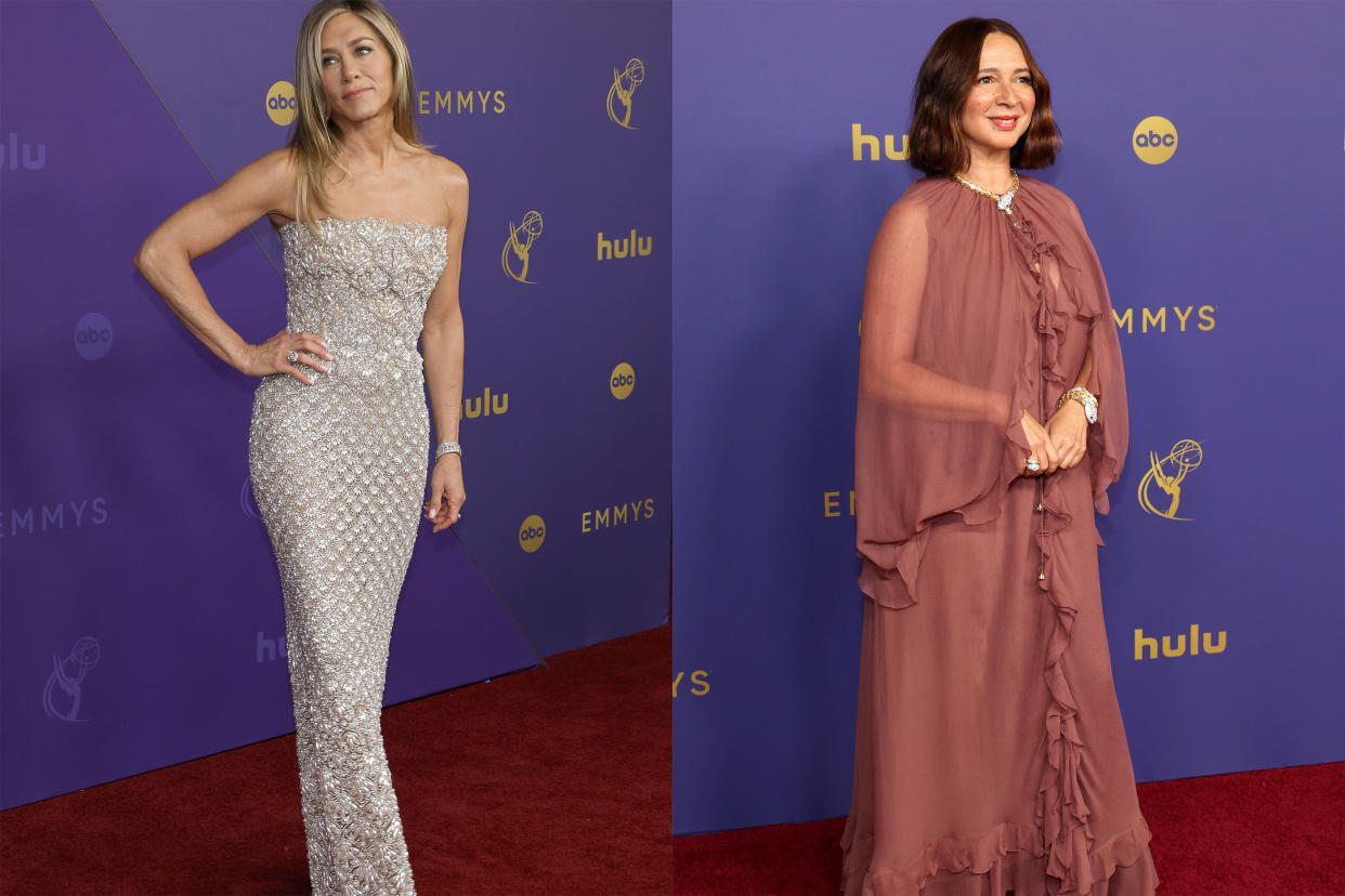 a photo of jennifer aniston and maya rudolph on the 2024 emmys red carpet